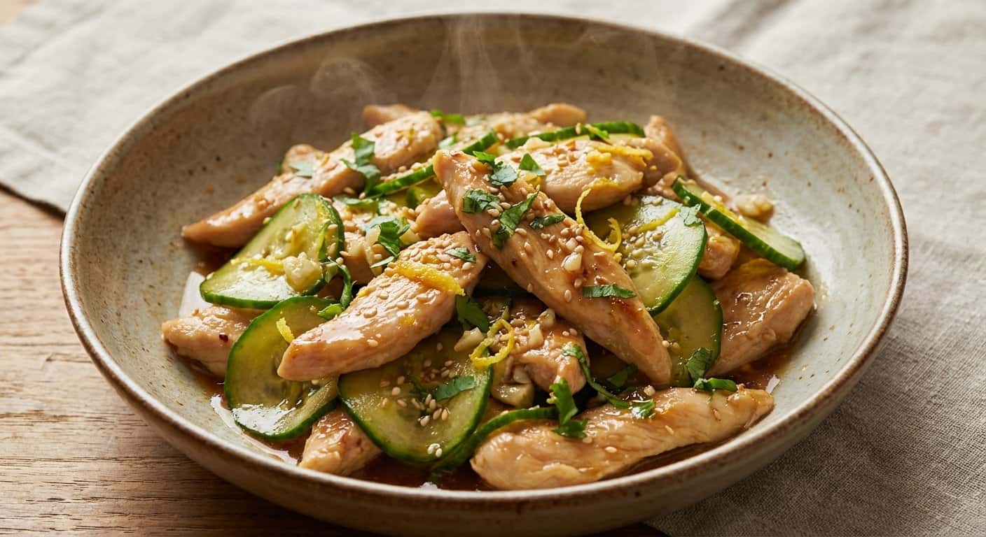 Pollo Salteado con Pepino, Ajo y Limón