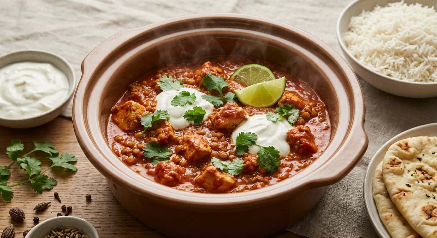 Pollo Tikka Masala de Carne Picada de Lentejas con Tomate en Slow Cooker