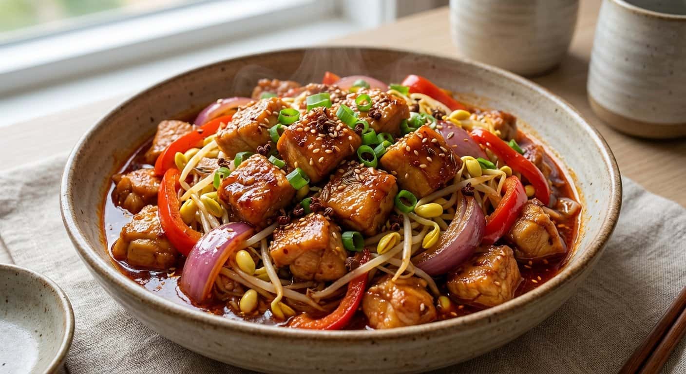 Pollo Xinjiang con Salsa de Chili y Brotes de Soja