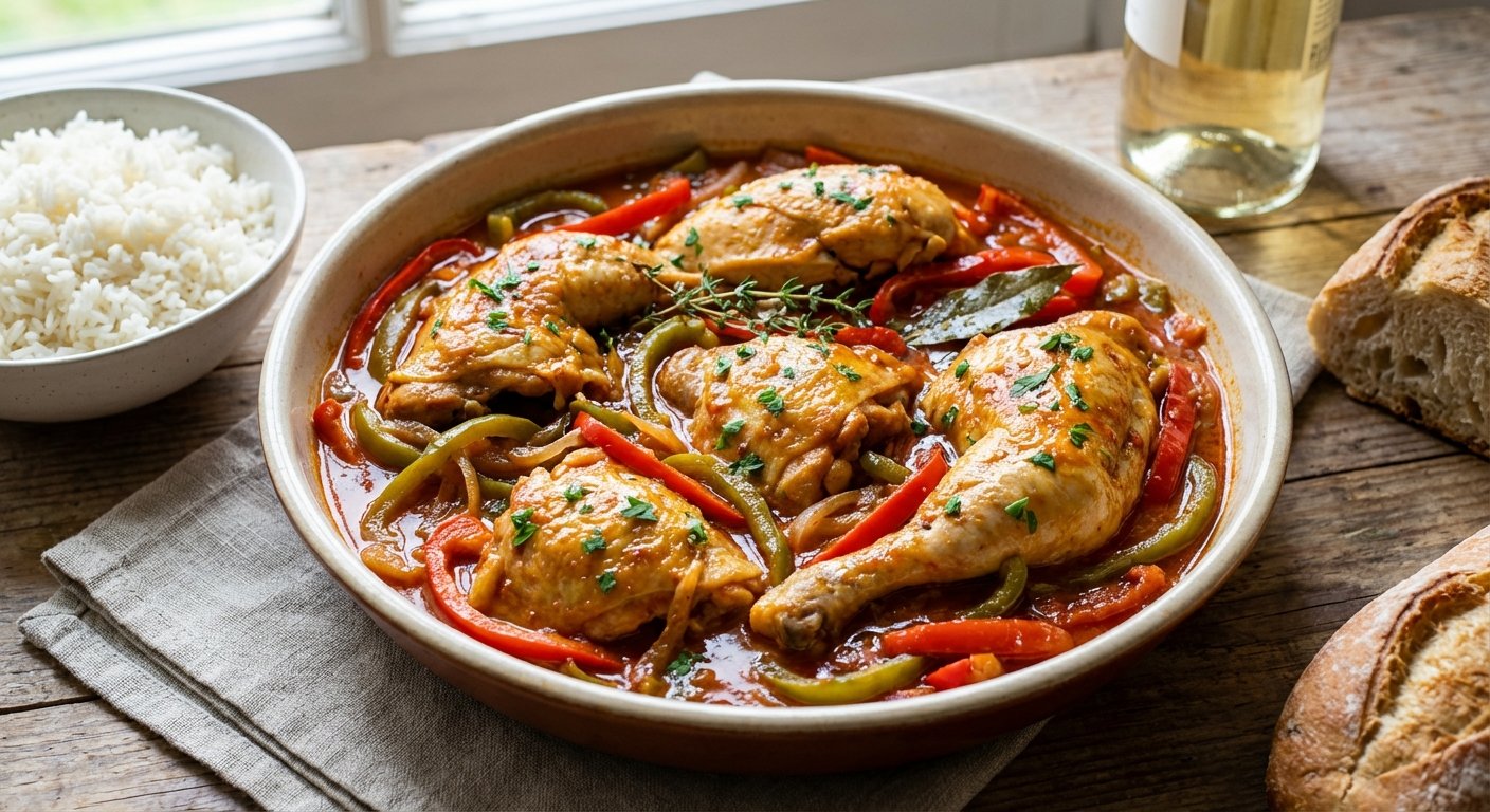 Poulet Basquaise del Sudoeste con Vino Blanco