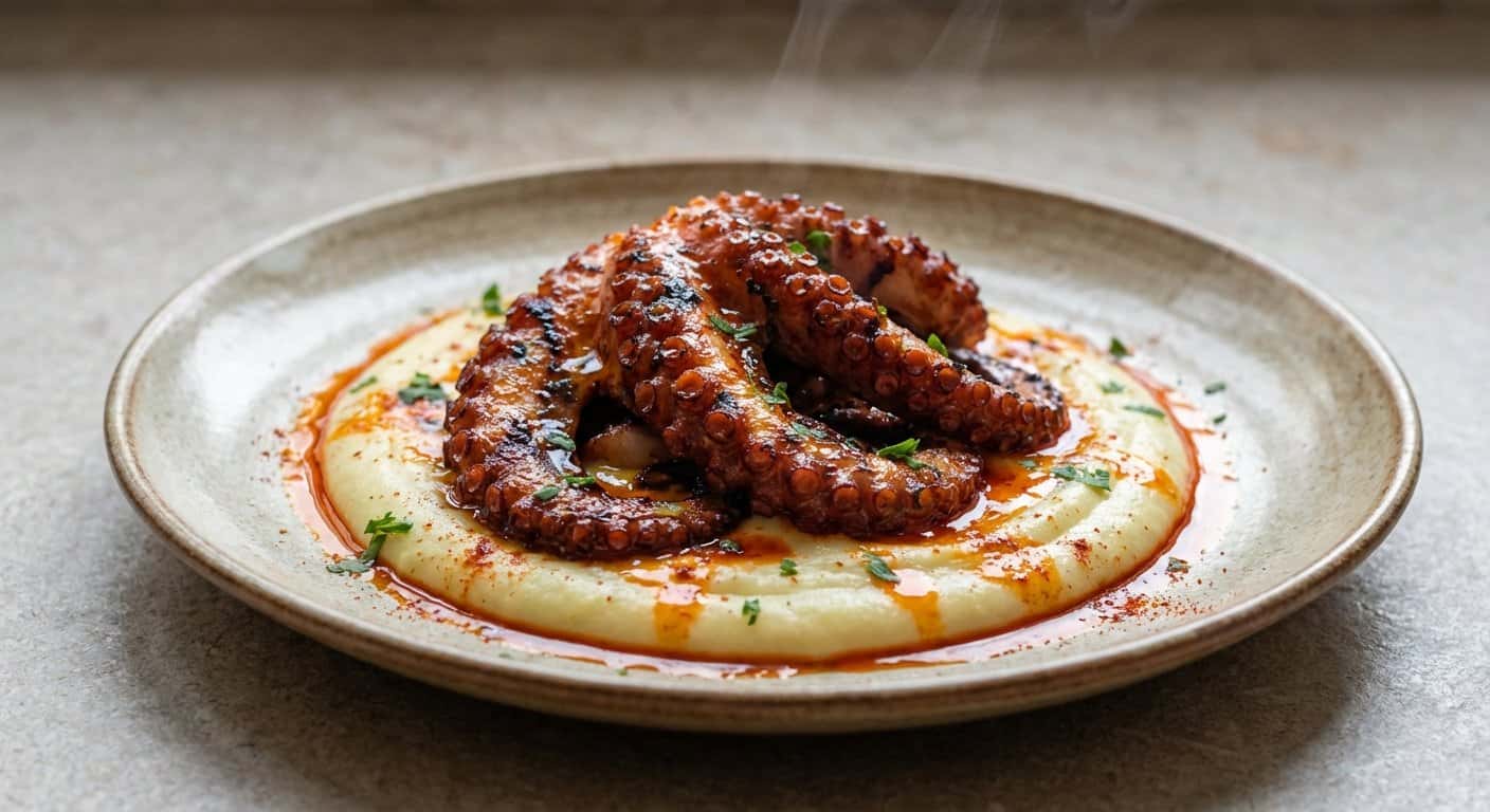 Pulpo braseado con crema de patata y aceite de pimentón
