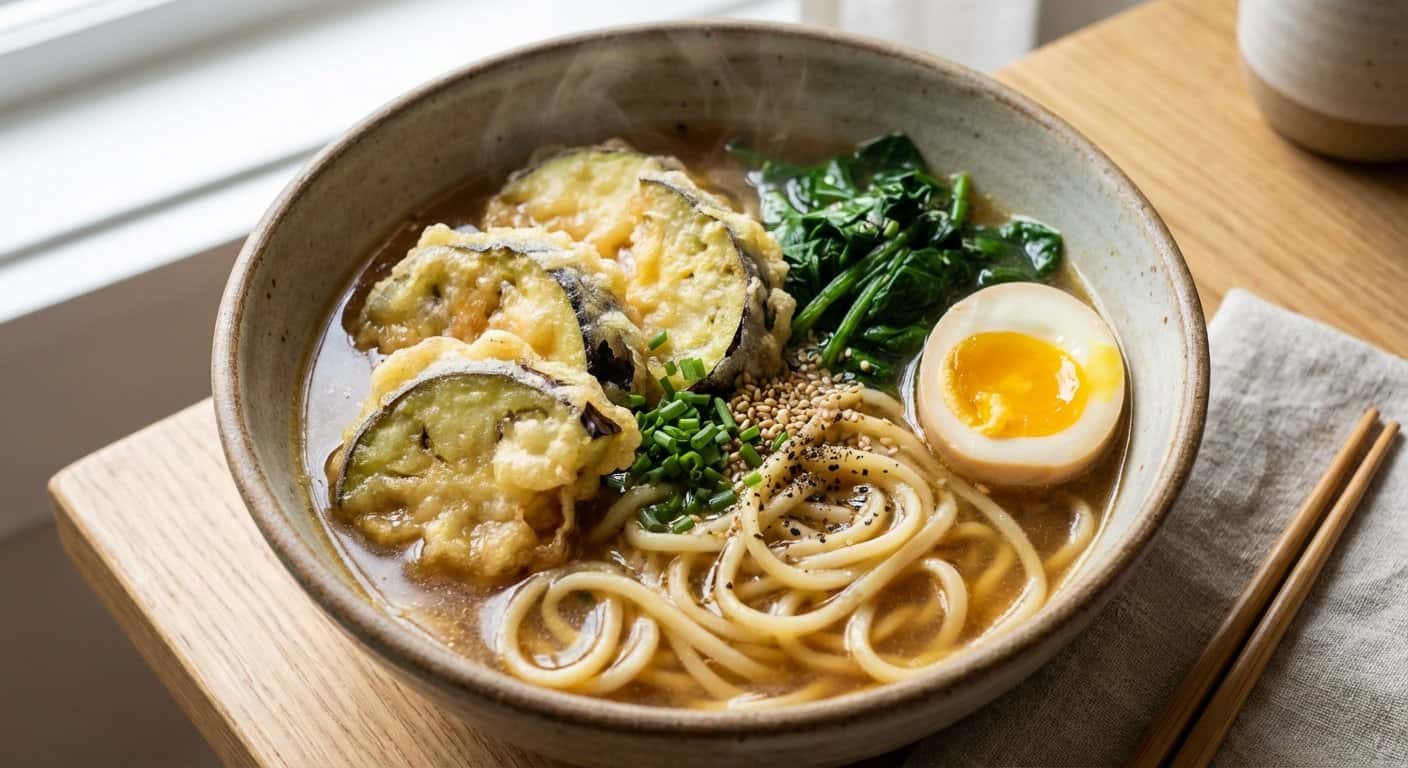 Ramen Tempura de Berenjena con Espinacas