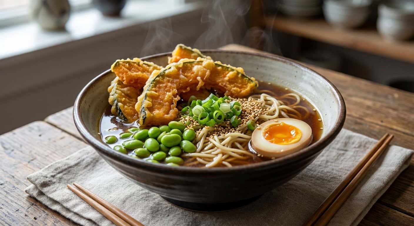 Ramen Tempura de Calabaza con Edamame