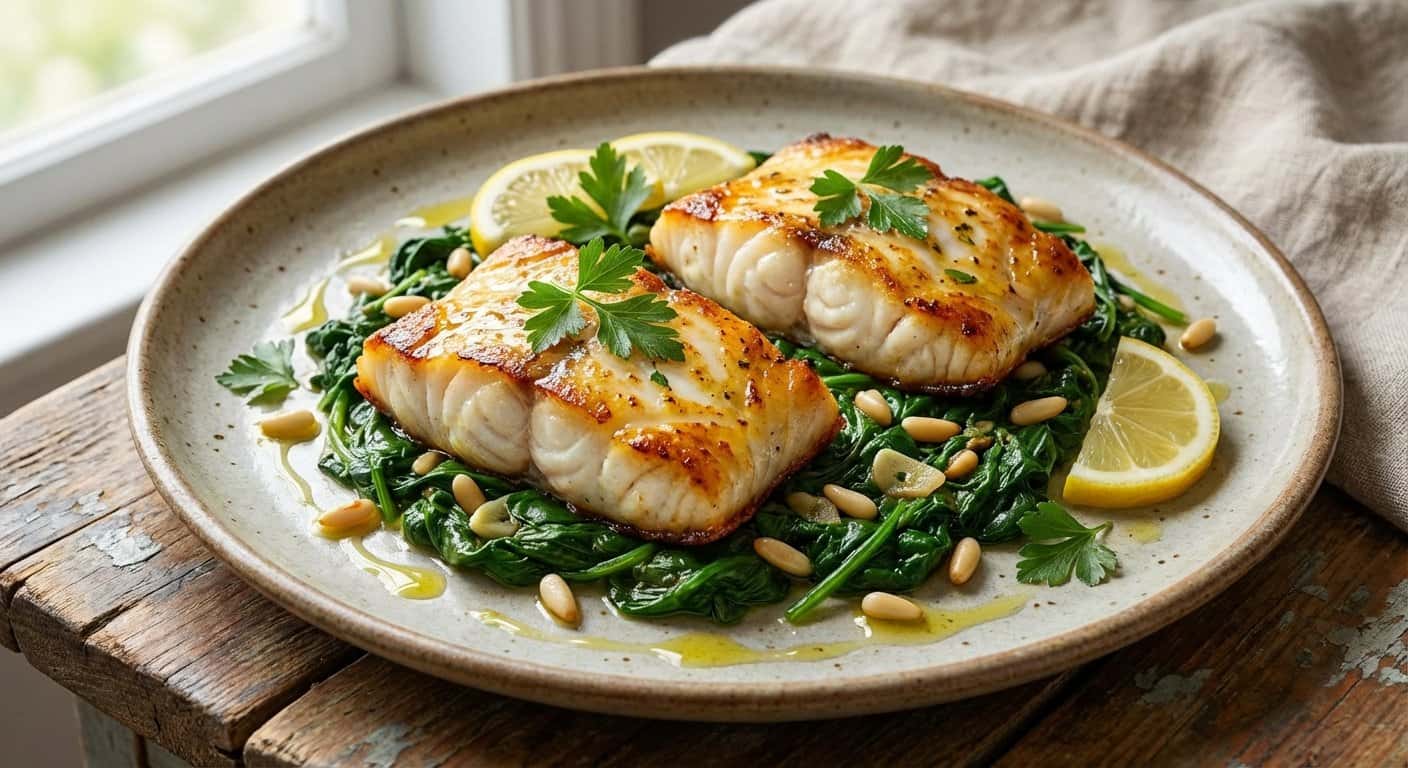 Rape al Horno con Espinacas Salteadas