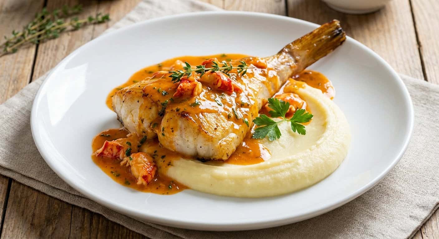 Rape Asado con Salsa Americana y Parmentier