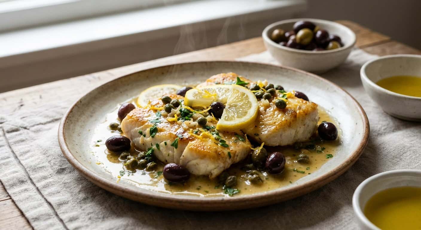 Rape con Limón, Alcaparras y Aceitunas