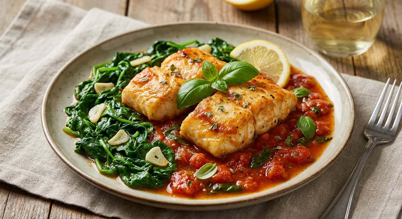 Rape en Salsa de Tomate con Espinacas Salteadas