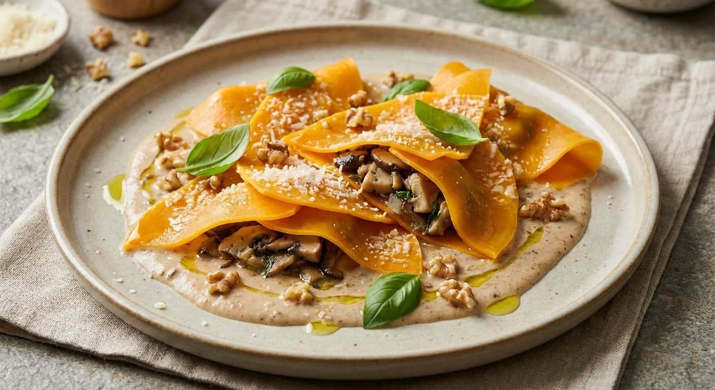 Ravioli de Setas en Láminas de Calabaza con Salsa de Nuez