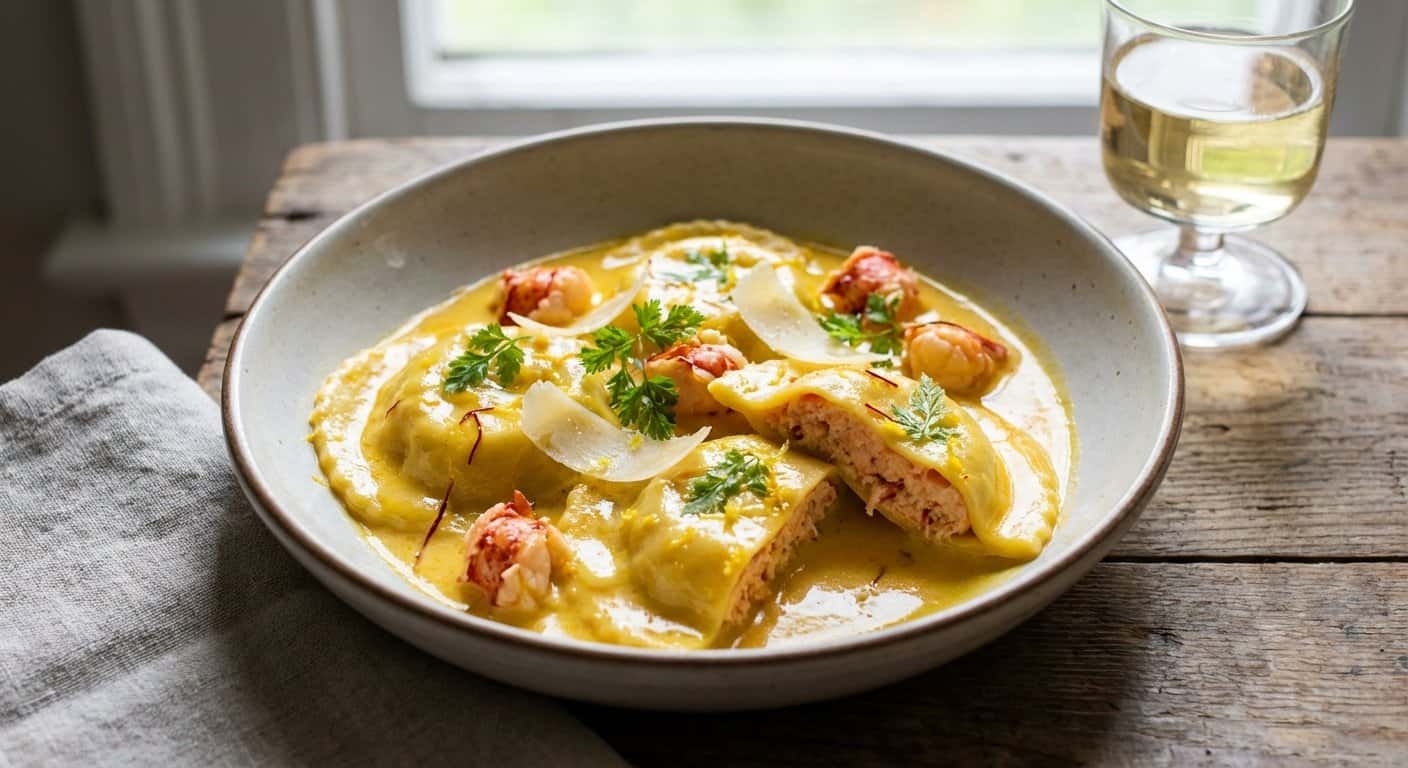 Raviolis de Bogavante con Salsa de Azafrán