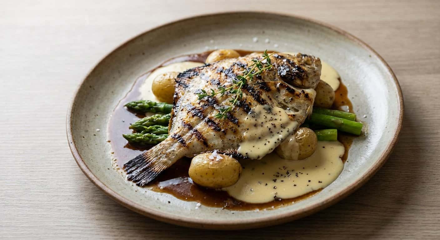 Rodaballo a la Brasa con Jugo de Espinas y Beurre Blanc