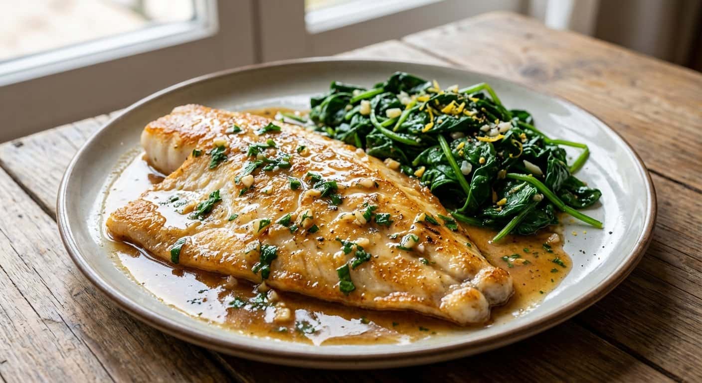 Rodaballo a la Mantequilla con Espinacas Salteadas
