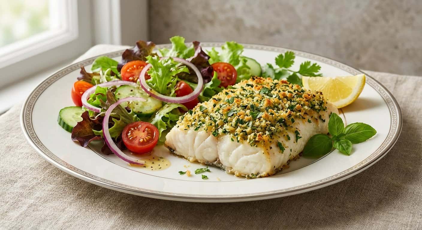 Rodaballo con costra de hierbas con ensalada fresca