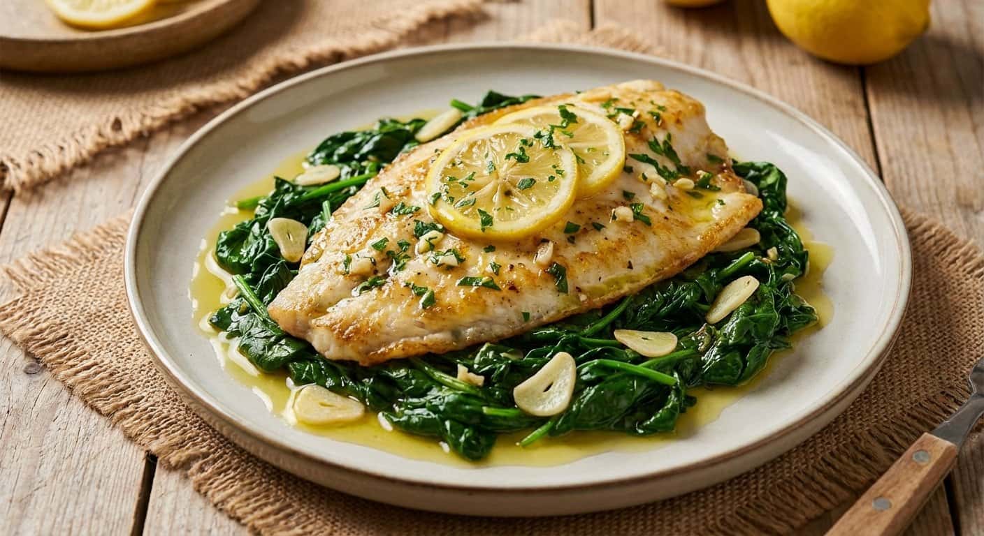 Rodaballo con Limón y Espinacas Salteadas