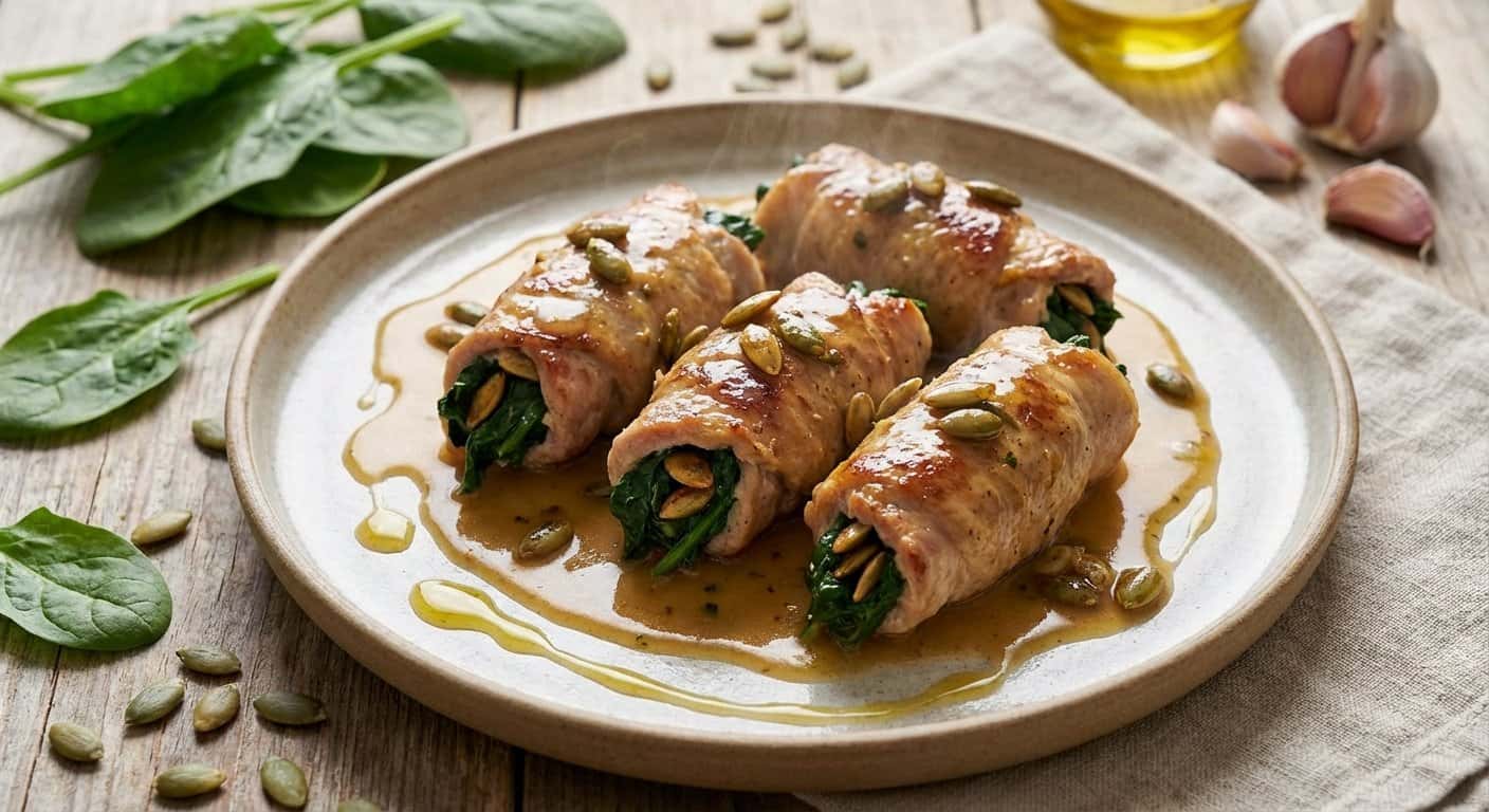 Rollitos de Cerdo con Espinacas y Semillas de Calabaza