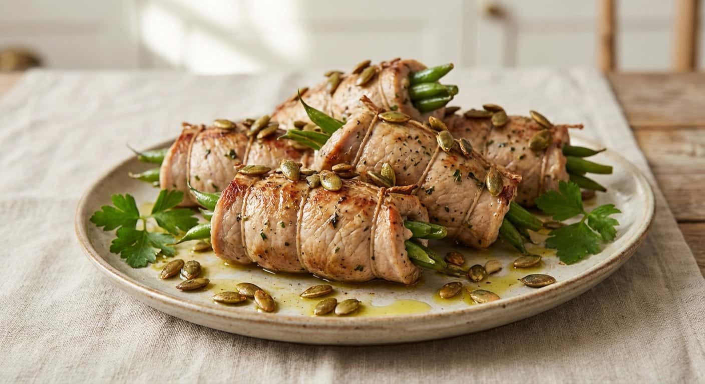 Rollitos de Cerdo con Judías Verdes y Semillas de Calabaza