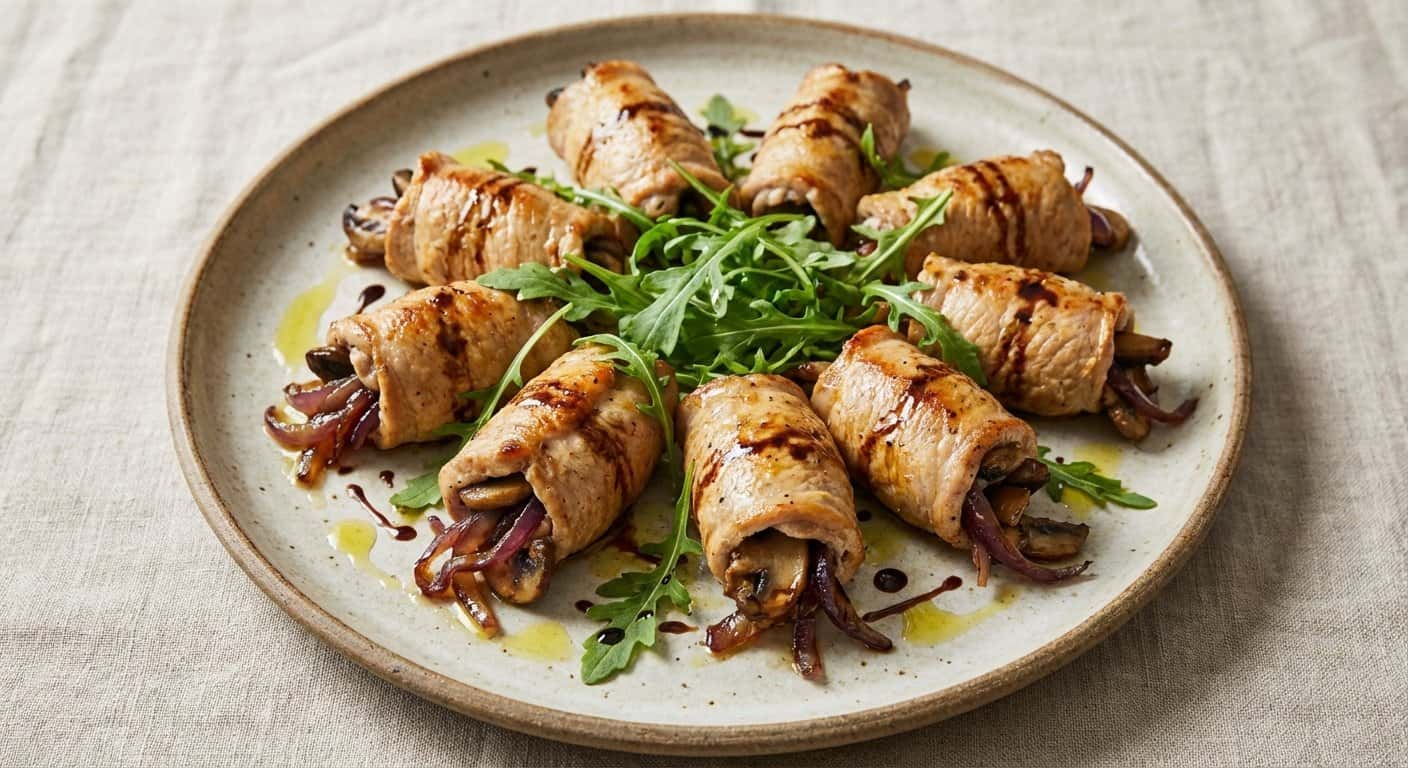 Rollitos de Cerdo con Setas y Cebolla Morada