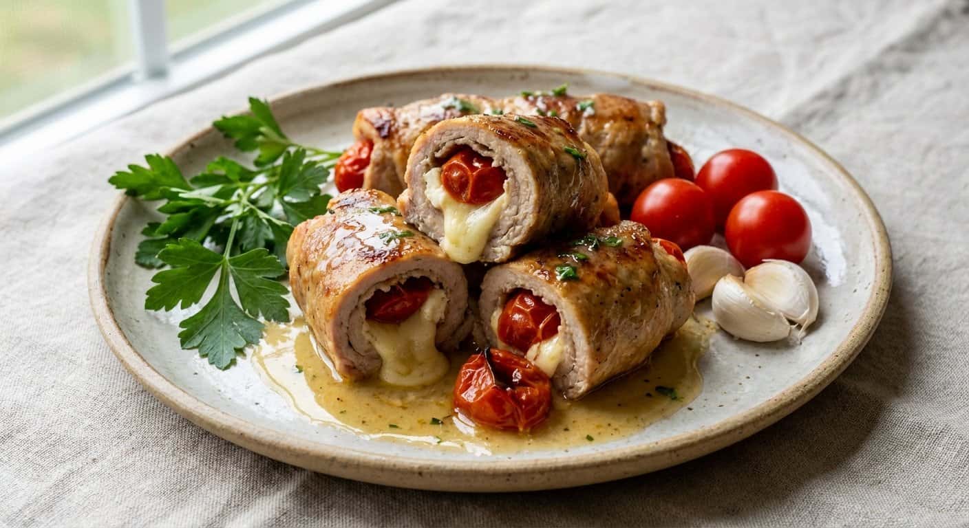 Rollitos de Cerdo con Tomate Cherry y Queso Fresco