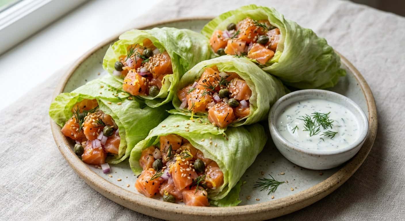 Rollitos de Lechuga con Tartar de Salmón y Alcaparras