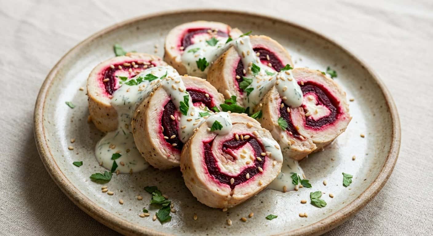Rollitos de pollo con remolacha y queso fresco