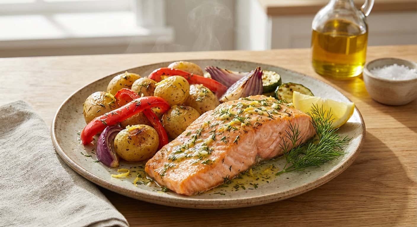 Salmón a la mantequilla con verduras asadas