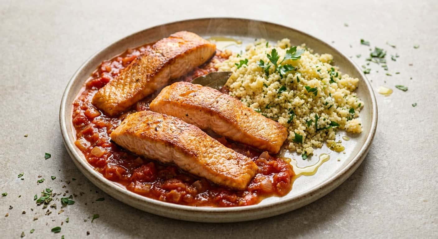 Salmón en salsa de tomate con couscous