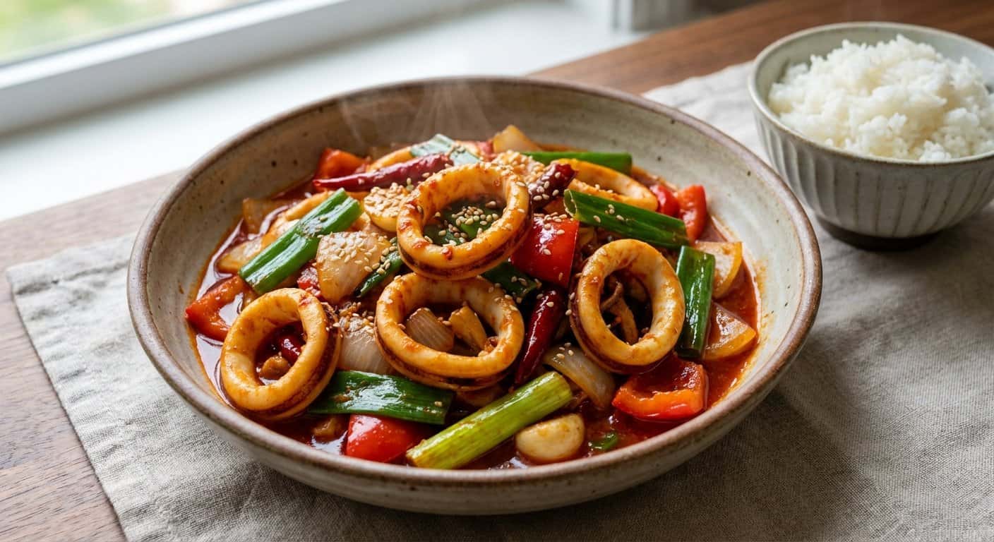 Salteado Cantonesa de Calamar con Cebollino y Doubanjiang