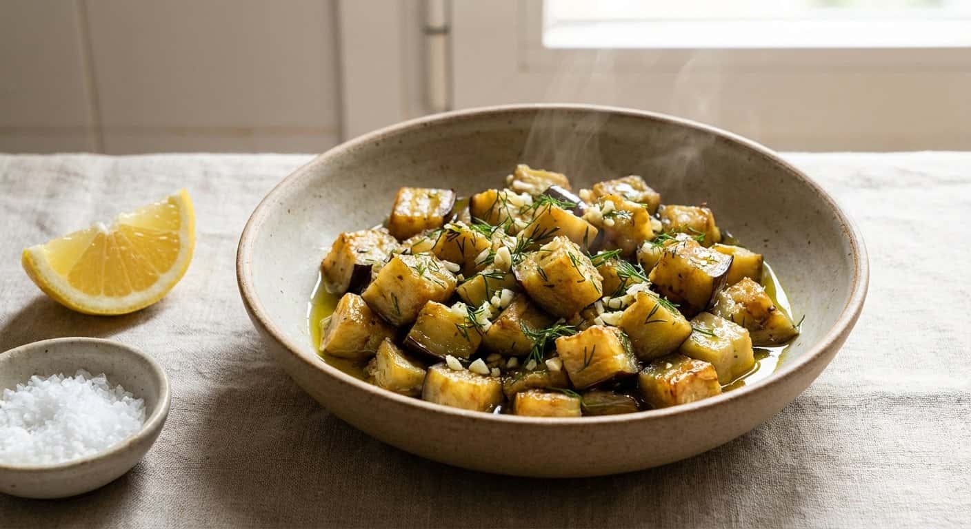 Salteado de Berenjena con Ajo y Eneldo