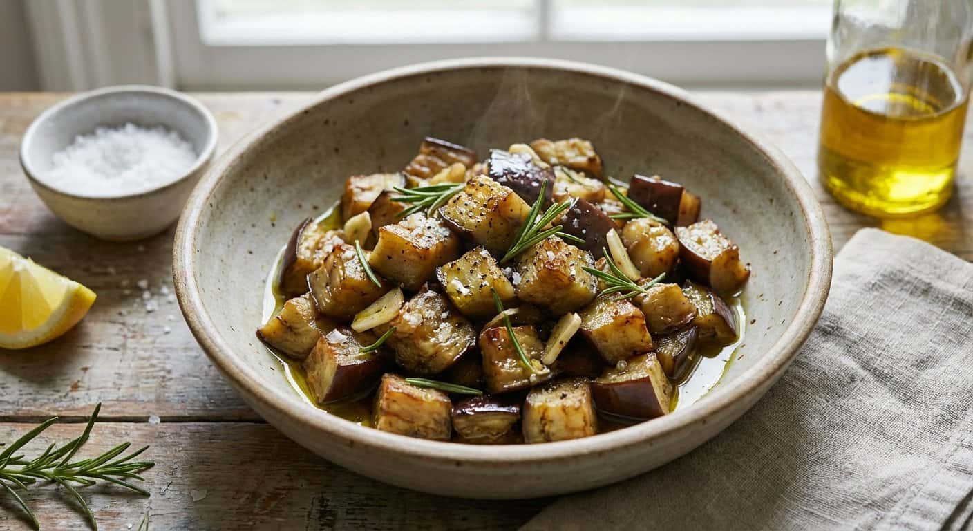 Salteado de berenjena con ajo y romero