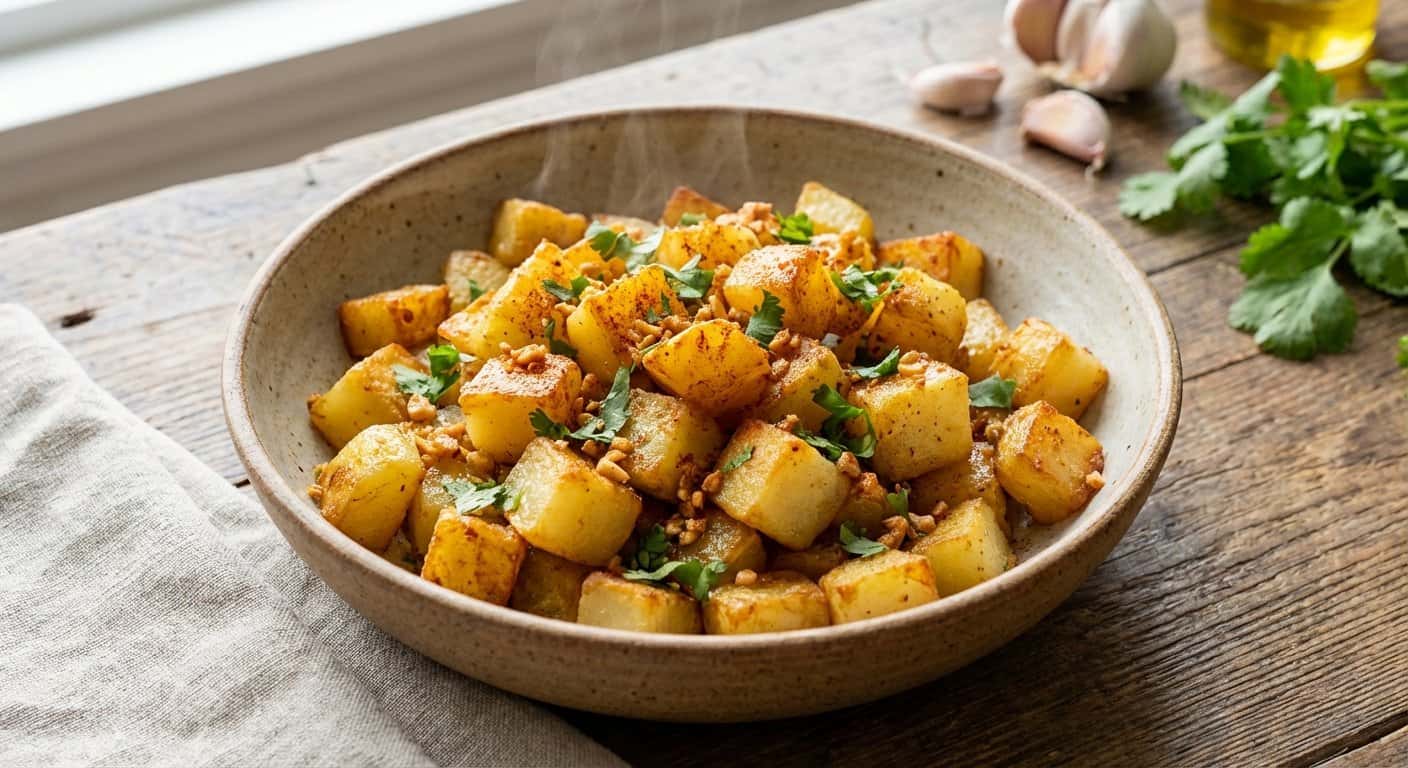 Salteado de patata con ajo y cilantro