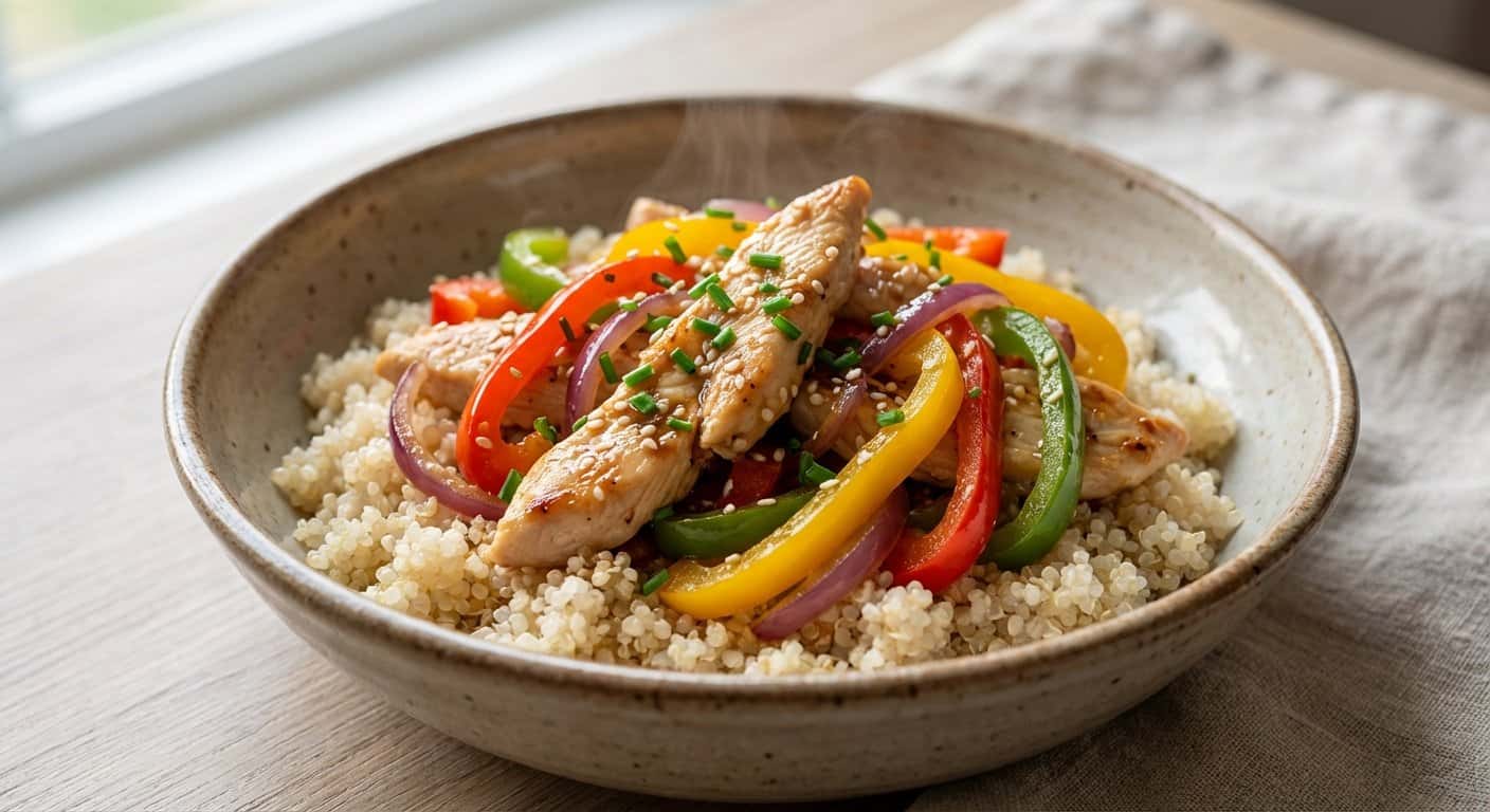 Salteado de pollo con pimientos y quinoa