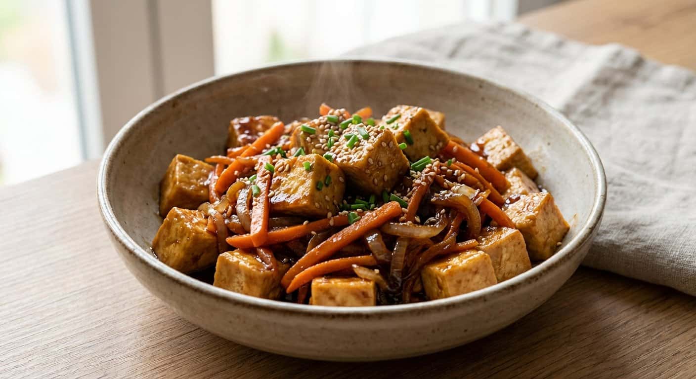 Salteado Pekín de Tofu con Zanahoria y Salsa Hoisin