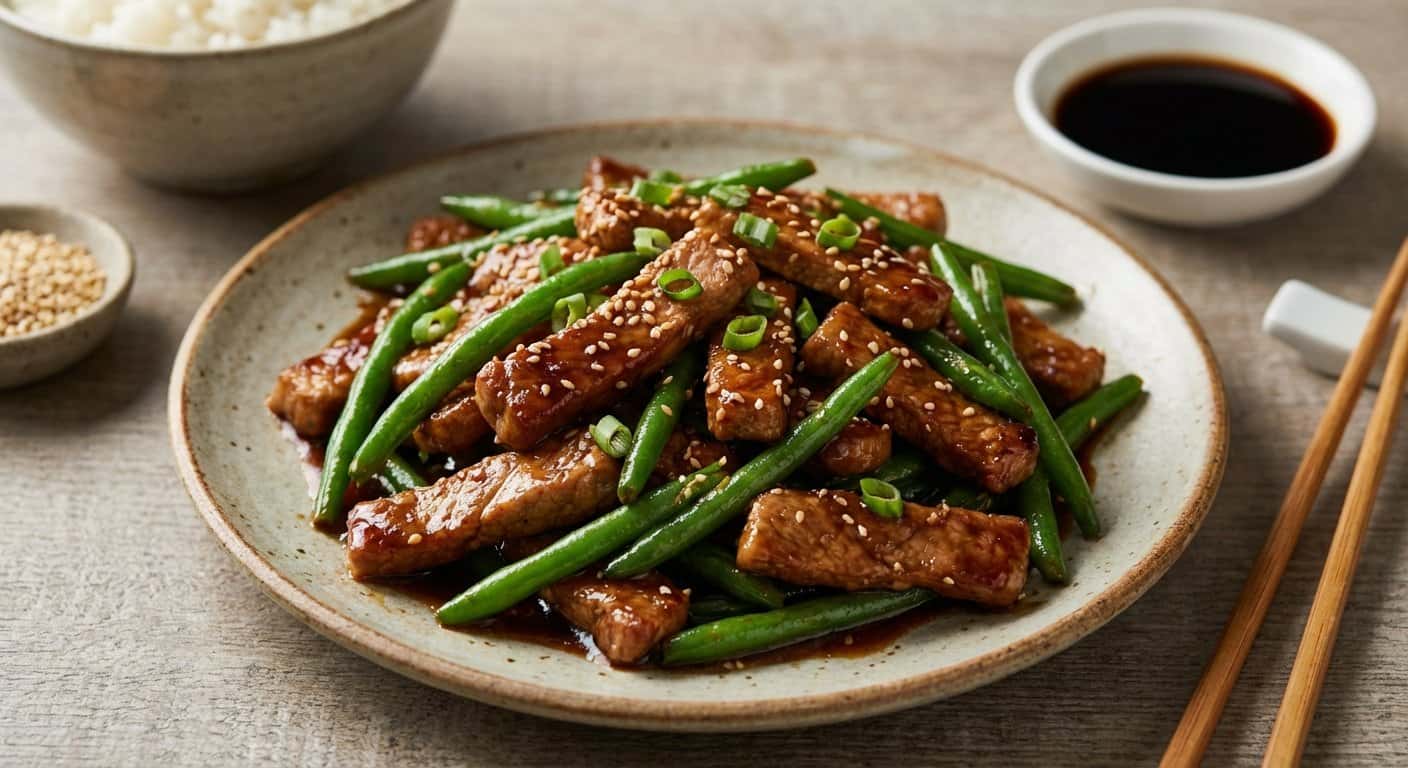Salteado Shanghainesa de Cerdo con Judías Verdes y Salsa de Soja