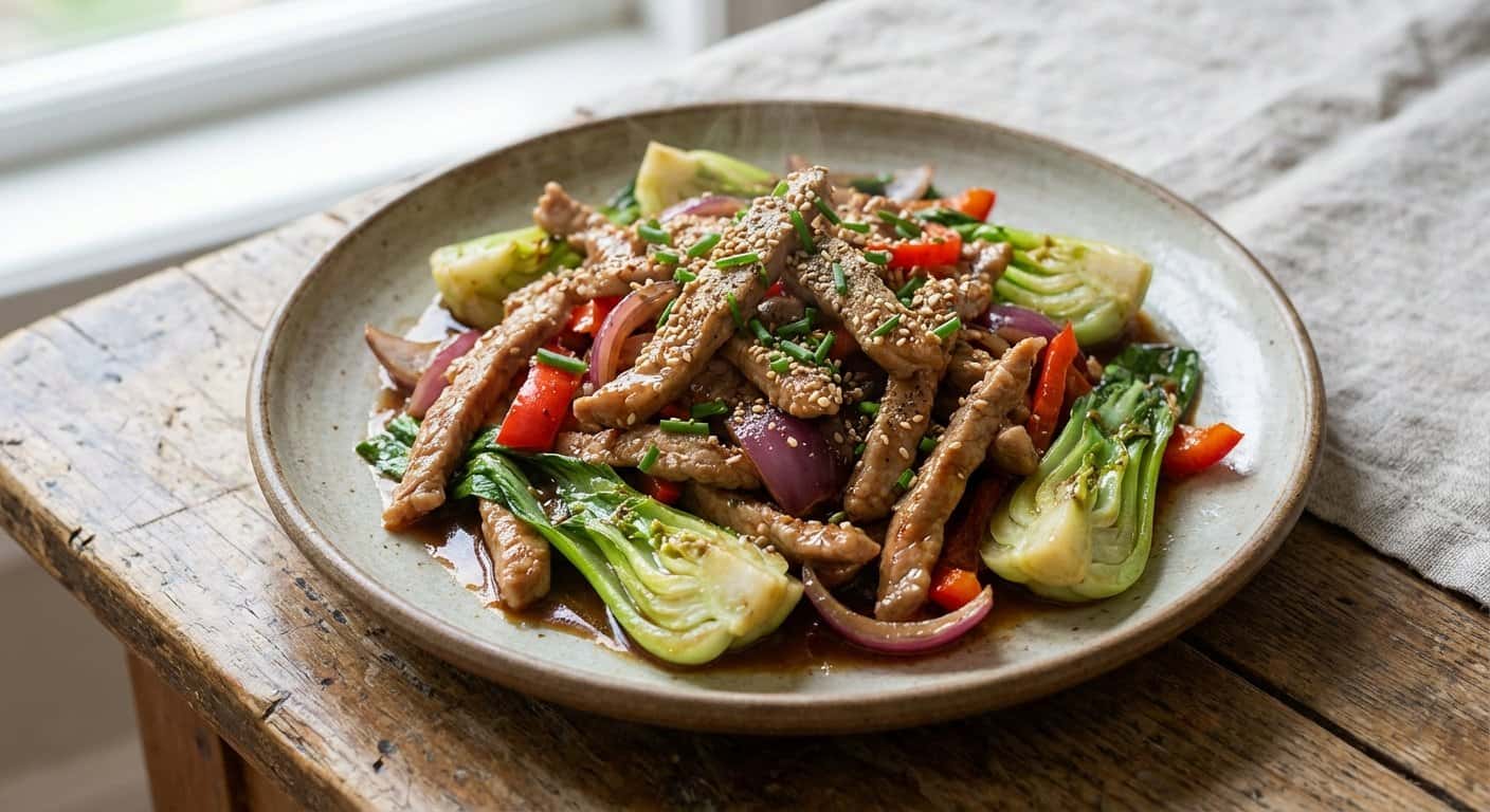 Salteado Shanghainesa de Cerdo con Pak Choi y Salsa de Ostras