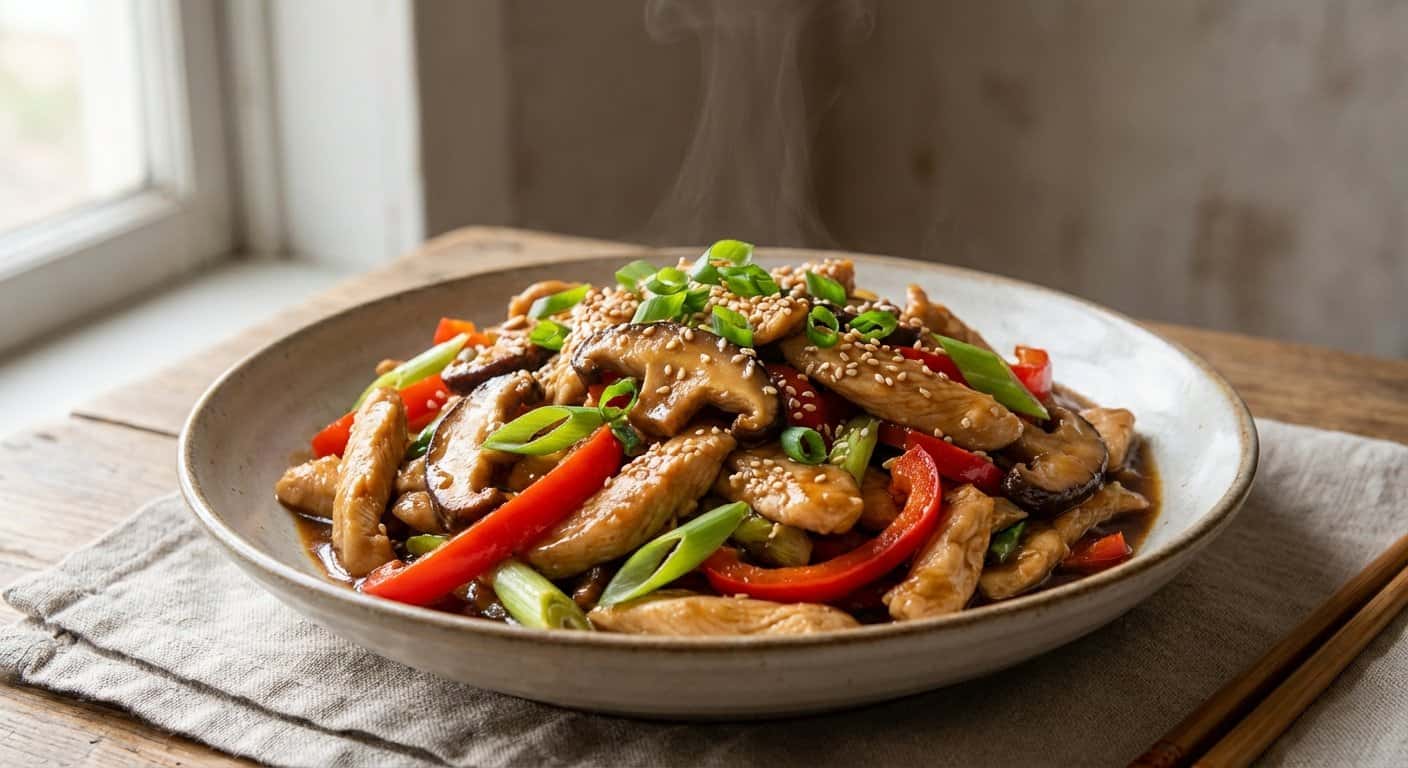Salteado Shanghainesa de Pollo con Setas y Salsa Hoisin