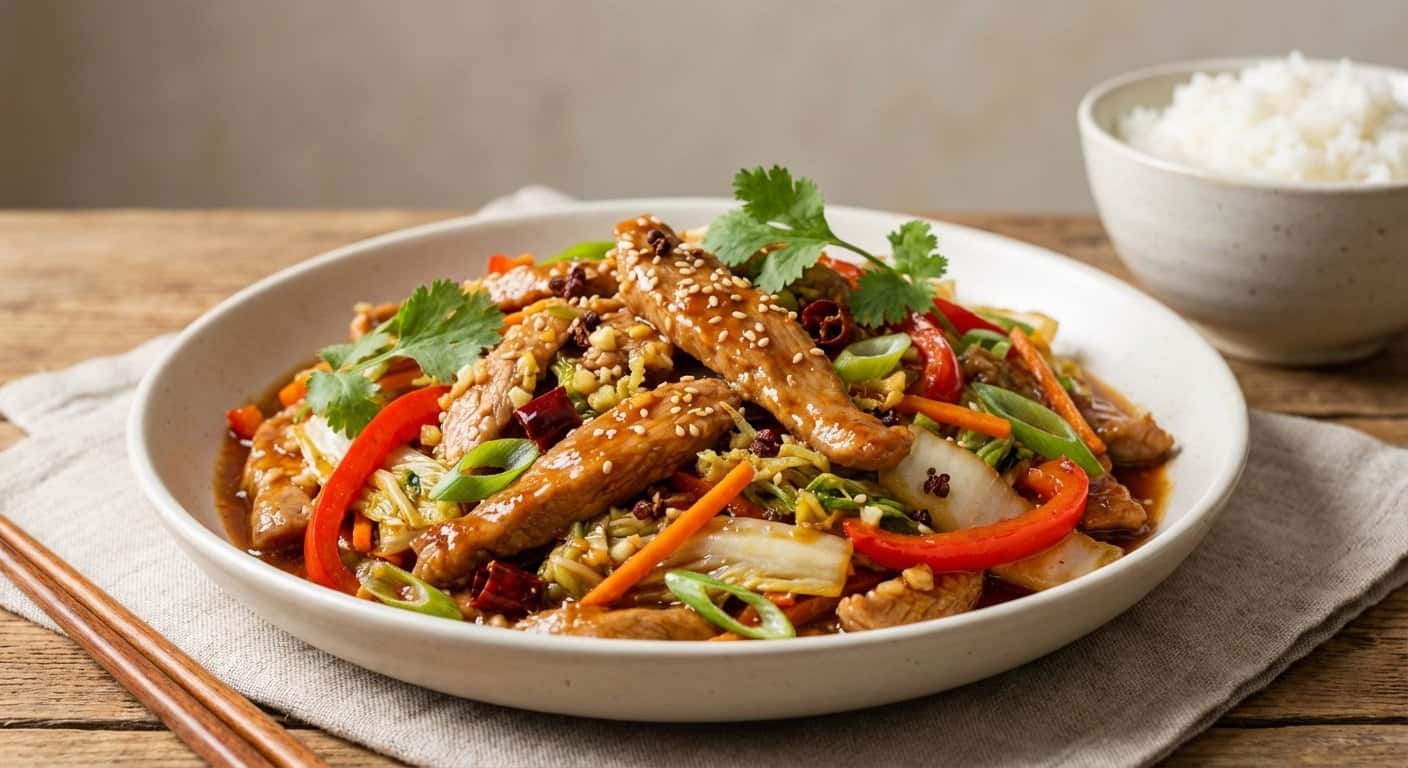 Salteado Sichuan de Cerdo con Col China y Salsa Hoisin