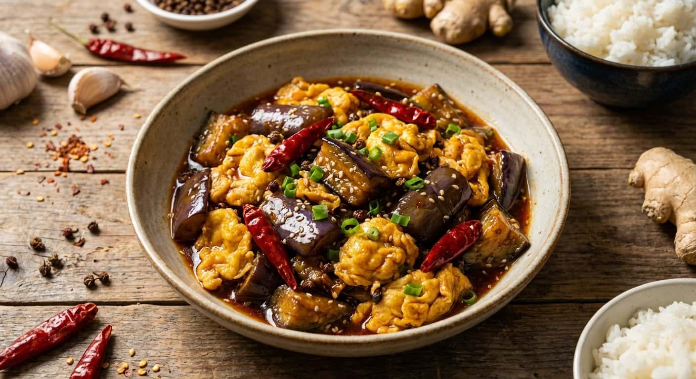 Salteado Sichuan de Huevo con Berenjena y Salsa de Sésamo