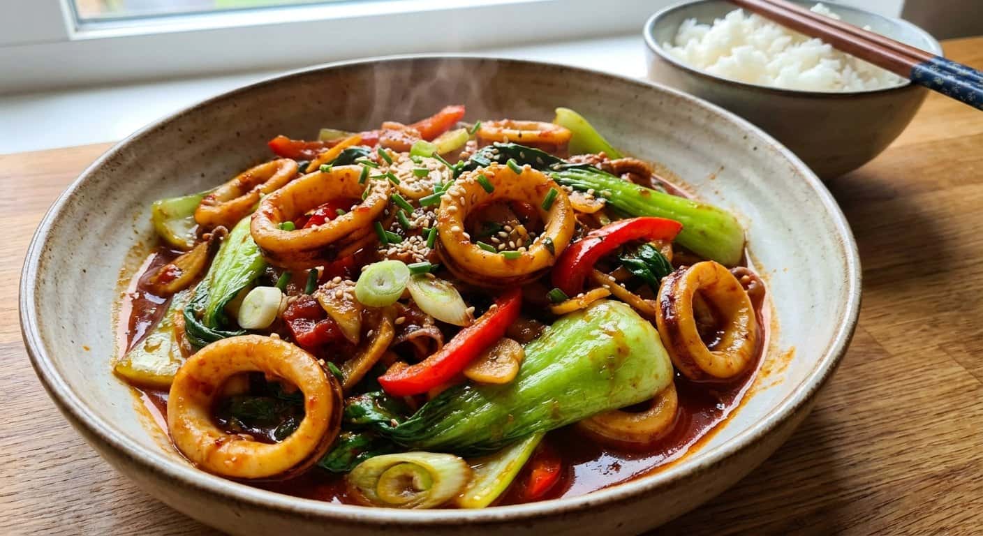 Salteado Yunnan de Calamar con Pak Choi y Doubanjiang