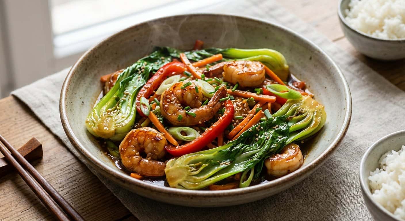 Salteado Yunnan de Gambas con Pak Choi y Salsa de Soja