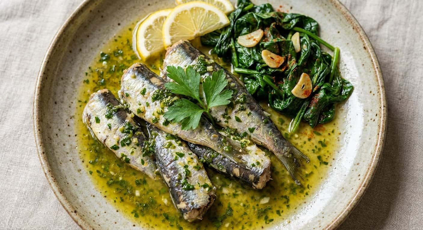Sardinas en salsa verde con espinacas salteadas