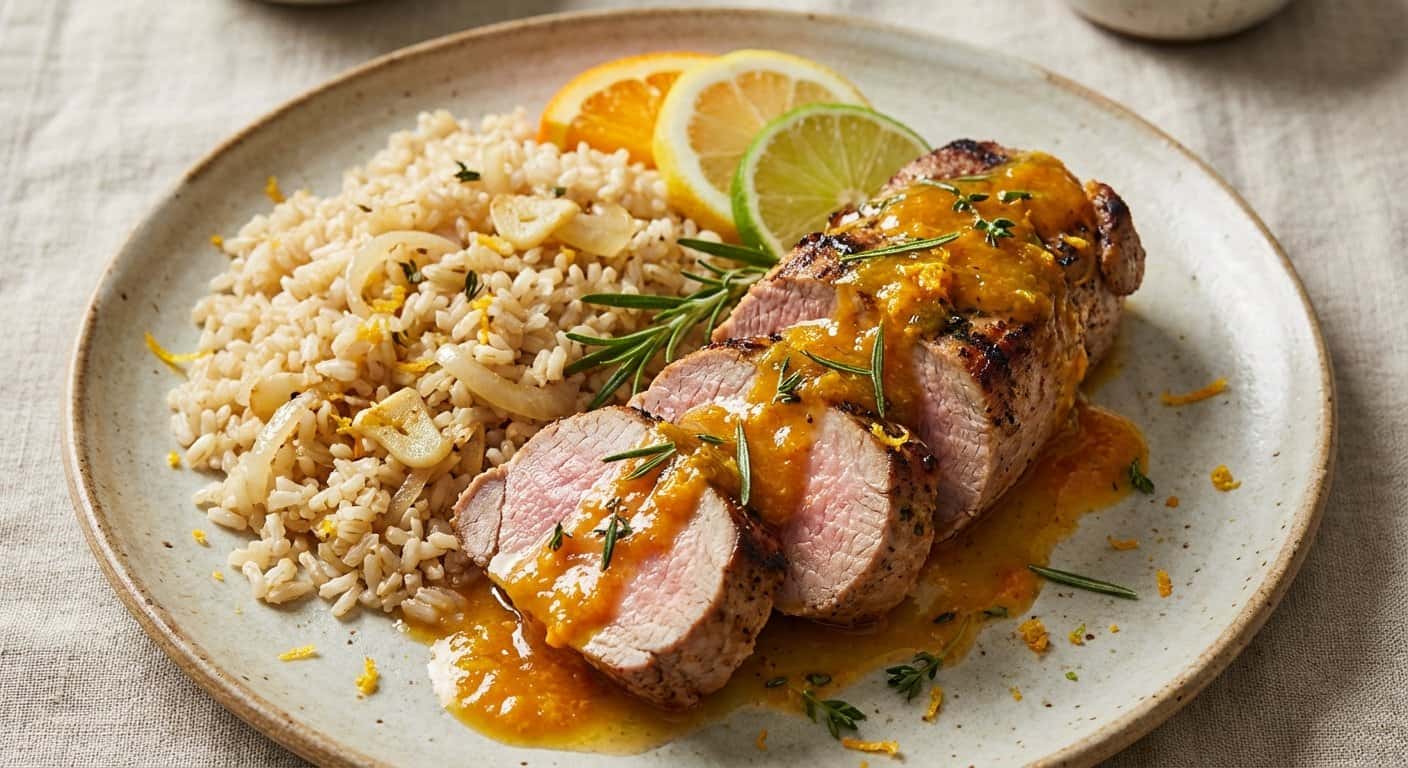 Solomillo de cerdo a la plancha con salsa de cítricos y arroz integral