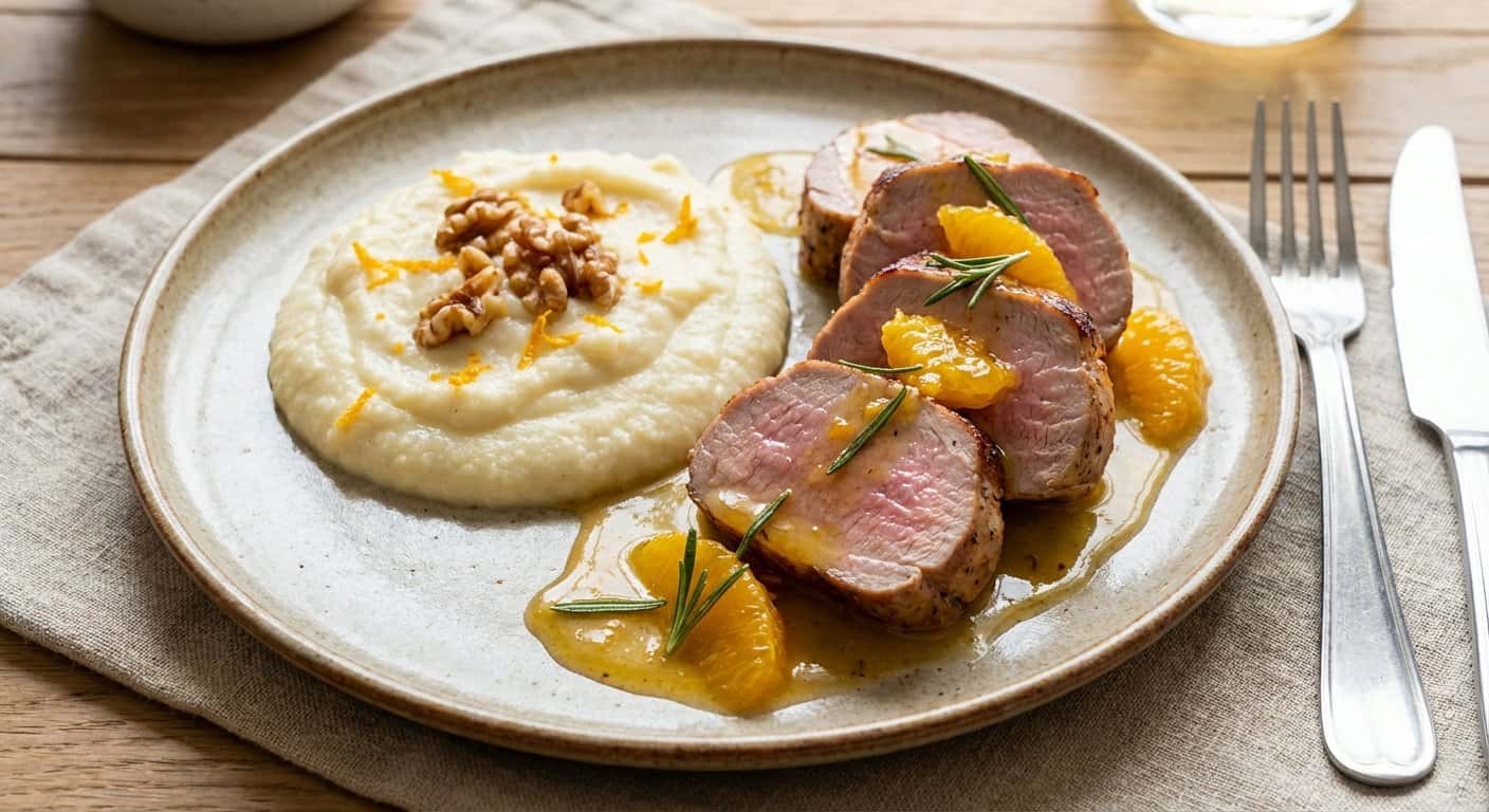 Solomillo de cerdo a la plancha con salsa de cítricos y puré de coliflor