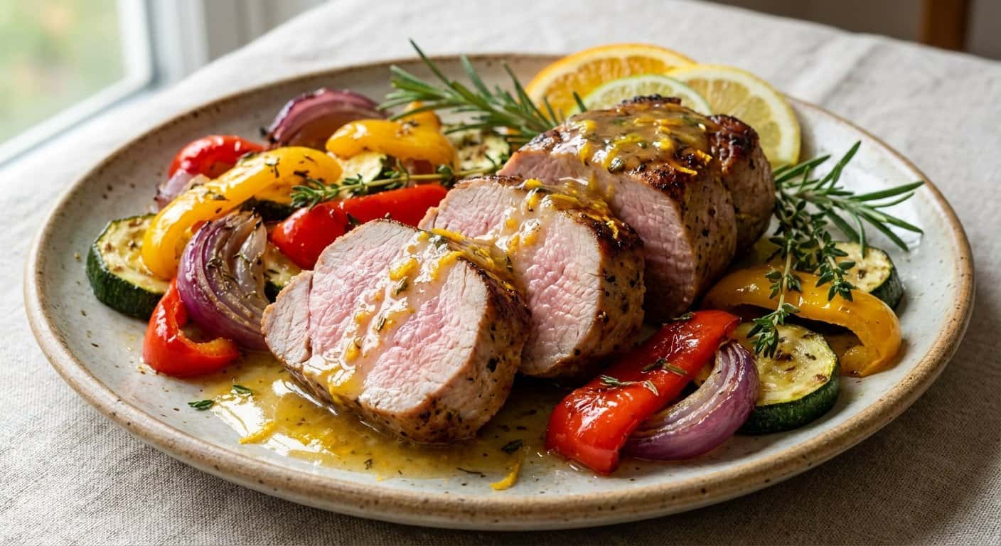 Solomillo de Cerdo a la Plancha con Salsa de Cítricos y Verduras Asadas