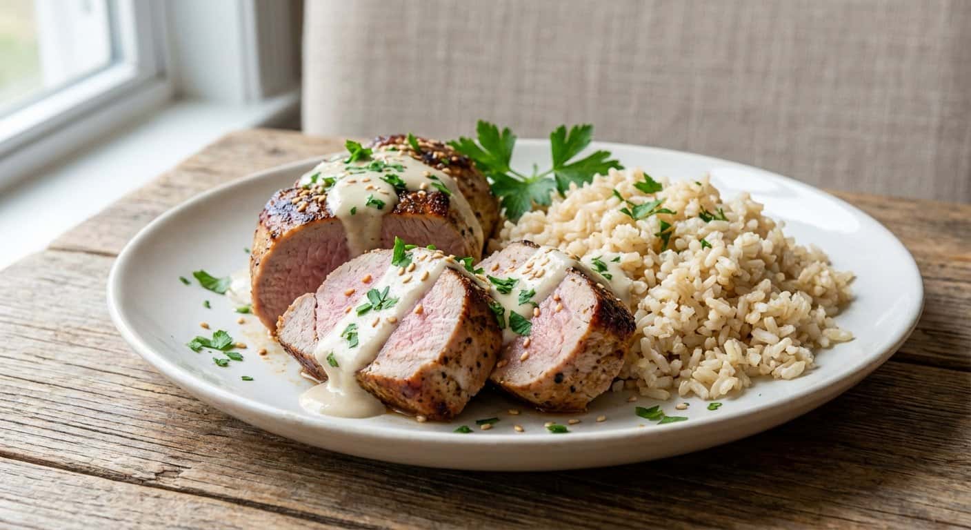 Solomillo de cerdo a la plancha con salsa de tahini ligera y arroz integral