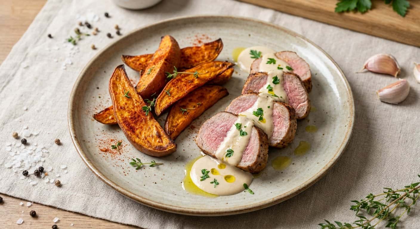 Solomillo de Cerdo a la Plancha con Salsa de Tahini Ligera y Boniato Asado