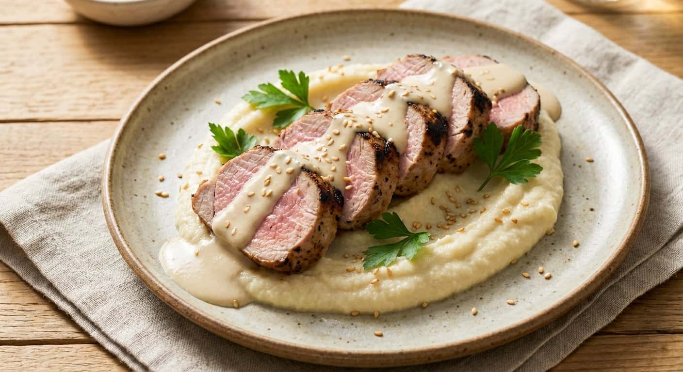 Solomillo de cerdo a la plancha con salsa de tahini ligera y puré de coliflor