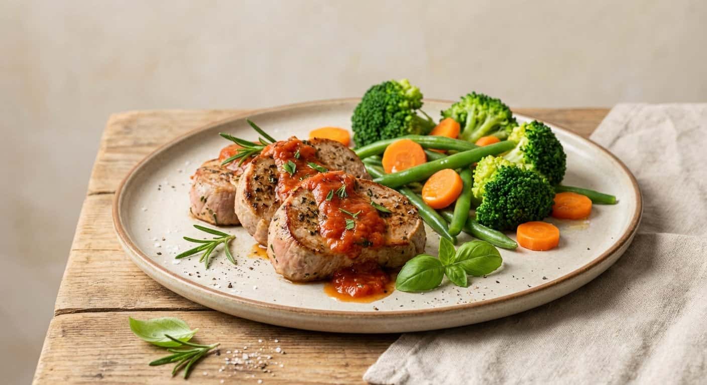 Solomillo de Cerdo a la Plancha con Salsa de Tomate Natural y Verduras al Vapor