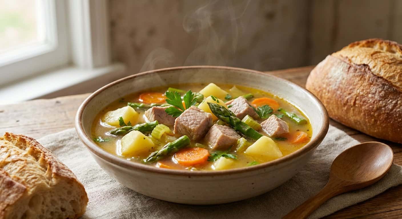 Sopa de Cerdo con Espárragos y Patata Cocida