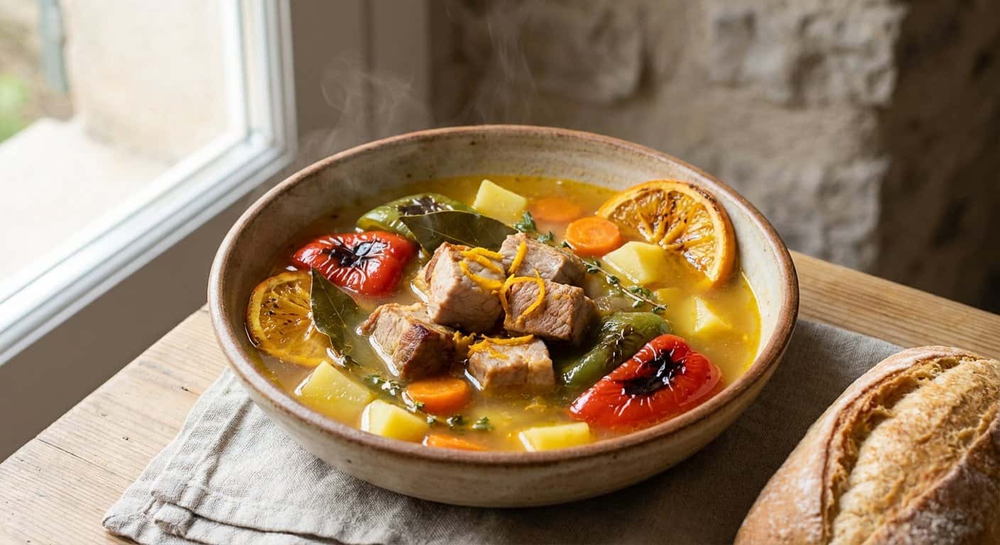 Sopa de Cerdo con Naranja y Pimientos