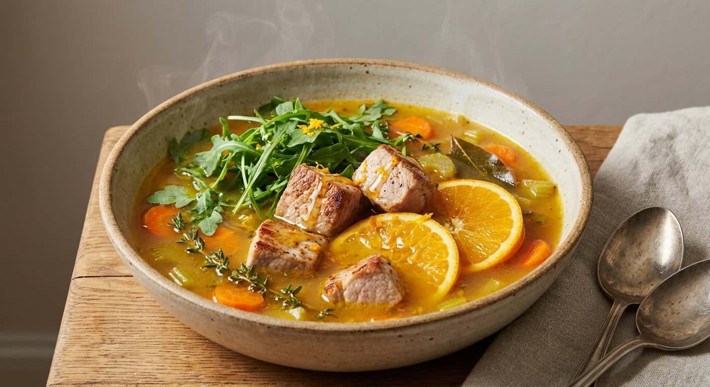 Sopa de Cerdo con Naranja y Rúcula