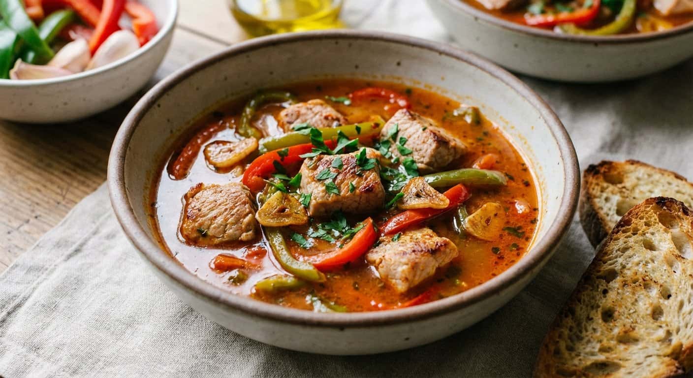 Sopa de cerdo estilo al ajillo con pimientos